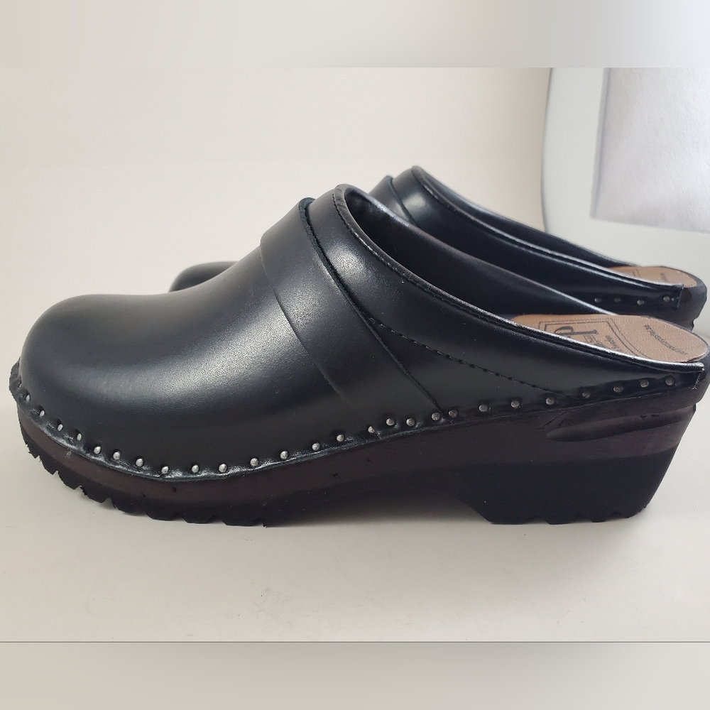 Black Leather Mules with Studded Detail